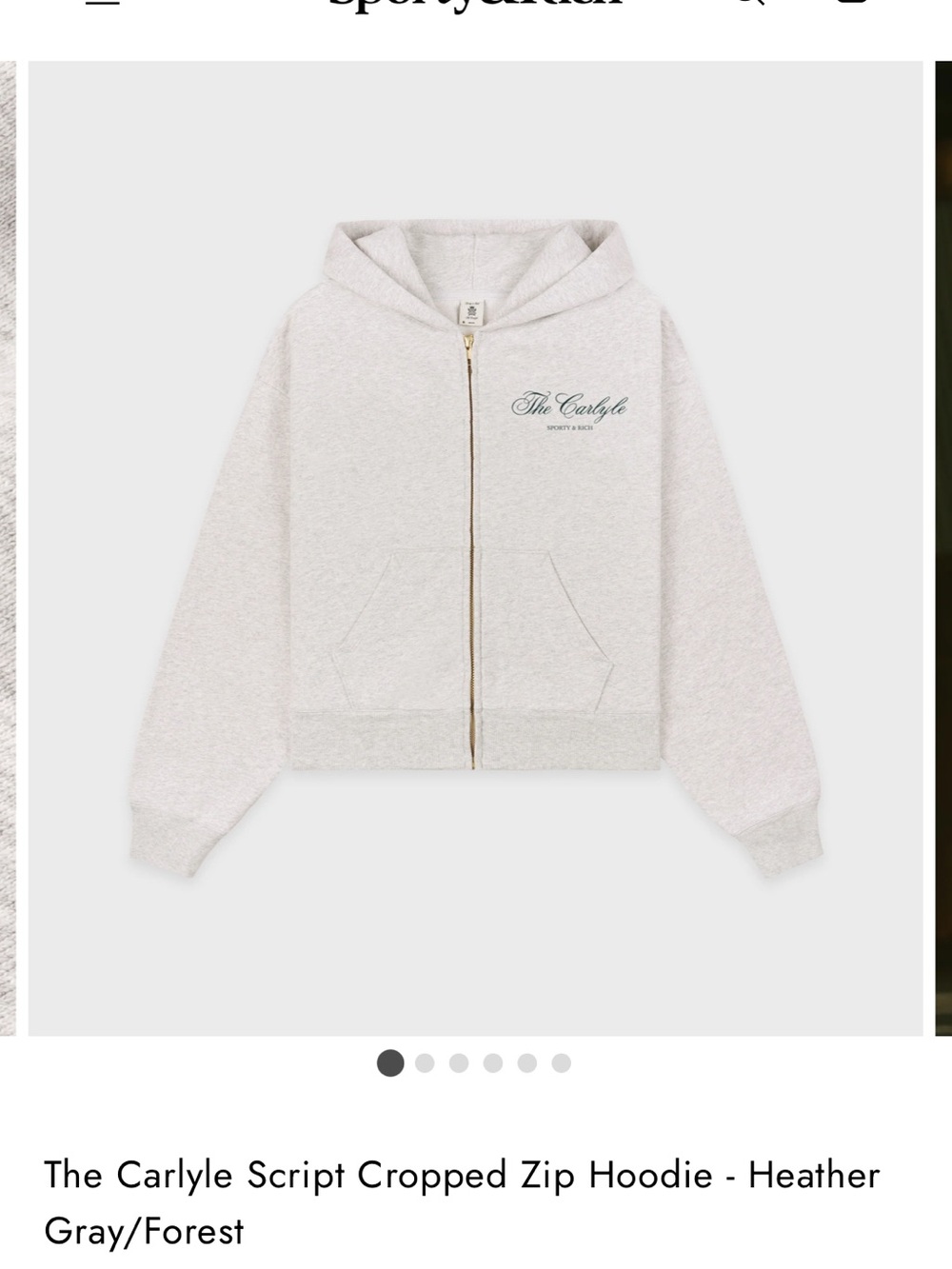 Sporty & Rich x The Carlyle - Heather Gray/Forest Cropped Zip Hoodie